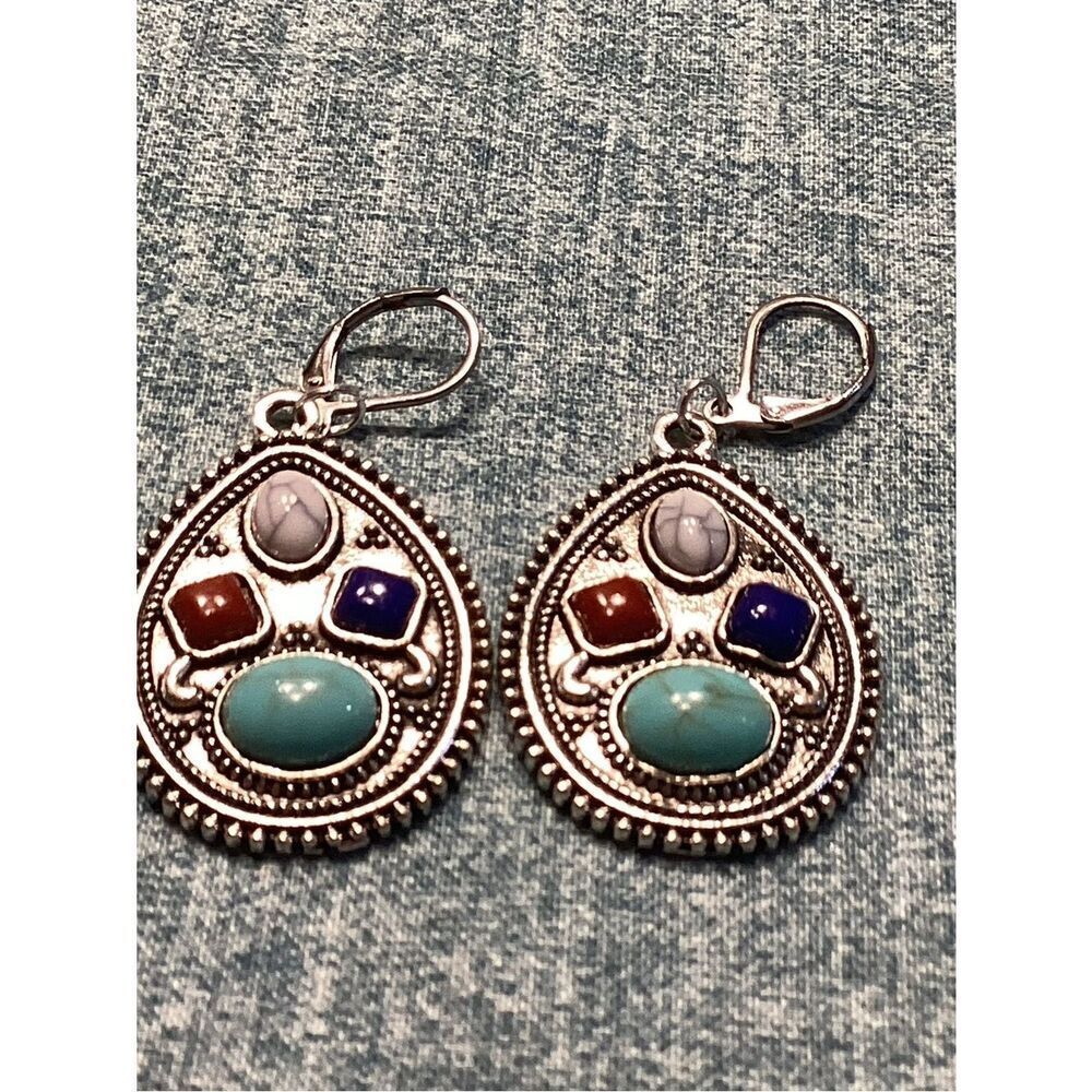 NWOT Silver-Tone Turquoise & Multi-Stone Teardrop Earrings